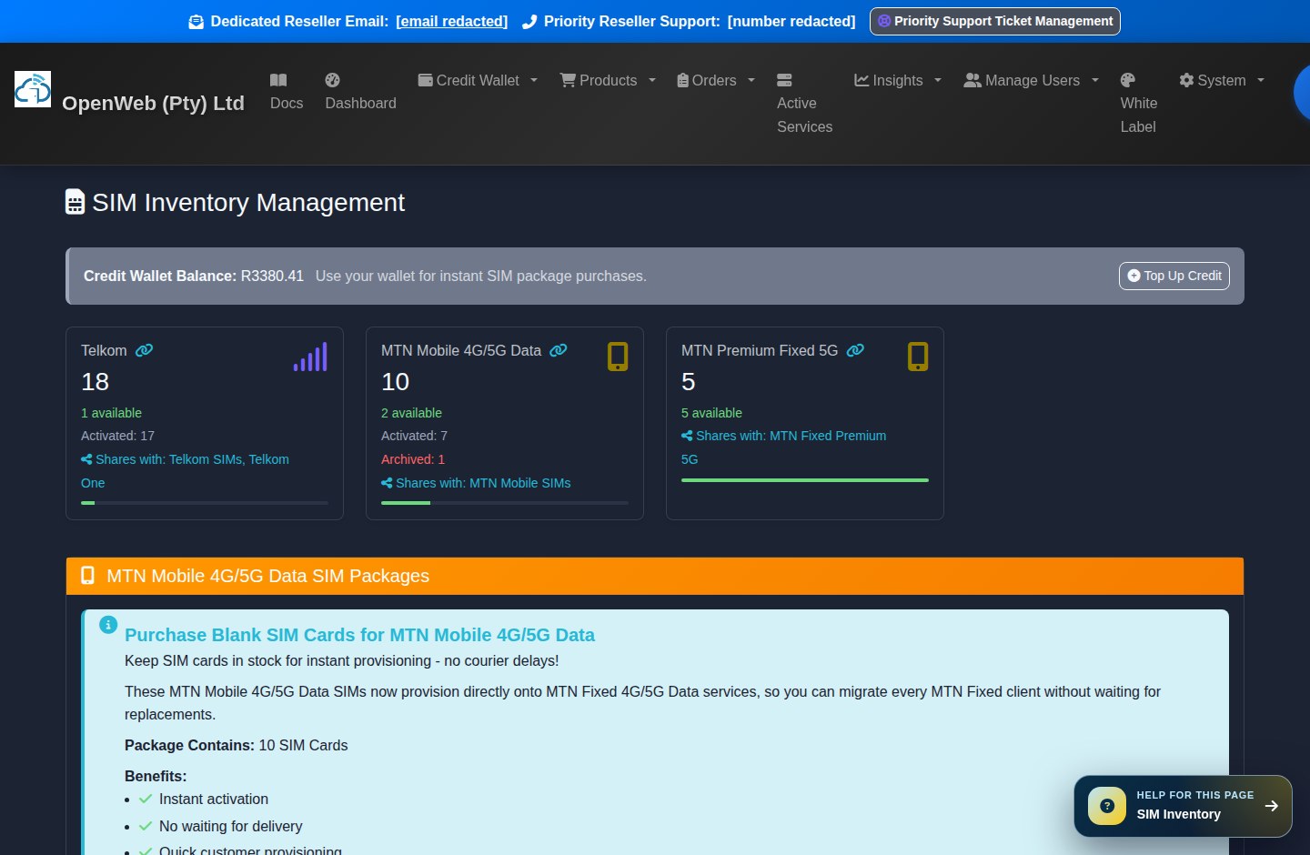 Current OpenWeb reseller panel screenshot: SIM inventory